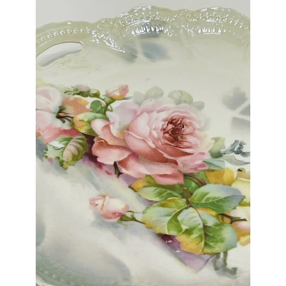 Vintage Leuchtenburg Germany PINK ROSES Cake Plate 9.25” Chic Cottagecore Handle
